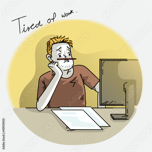 Tired of work. man puts a pencil on his nose, making a funny face in front of the computer.Hand drawn style vector design illustrations.