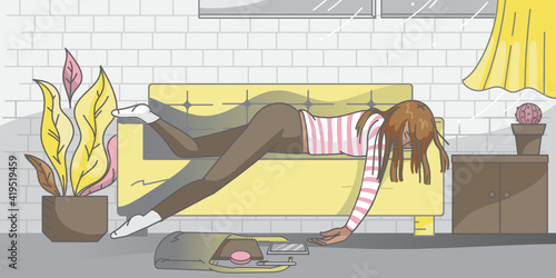 person in the office. Tired woman sleep on sofa. Hand drawn style vector design illustrations.