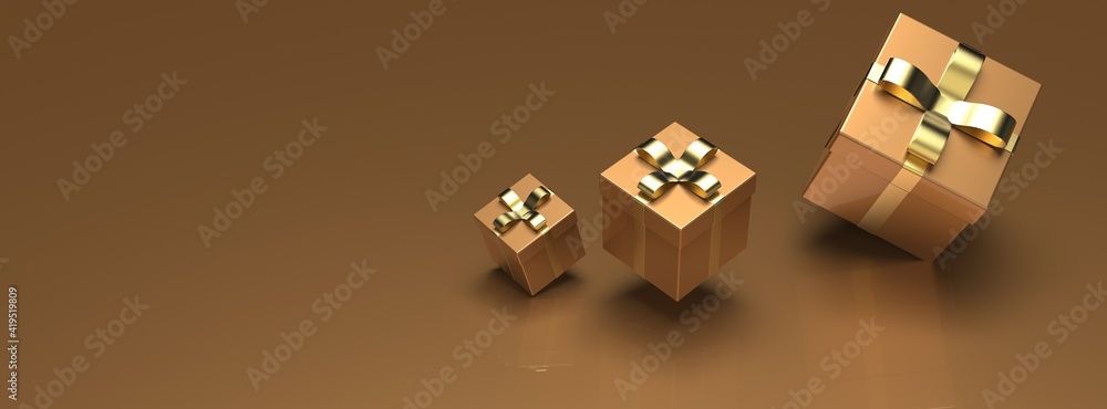 Fototapeta premium Blown Gold closed gift boxes with gold ribbon on black background. 3D illustration. 3D CG. 3D high quality rendering.
