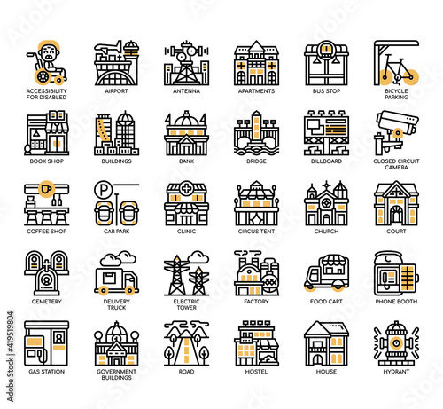 Set of city element thin line and pixel perfect icons for any web and app project.