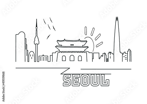 Line art city / Modern cityscape / one line vector drawing / Minimal Seoul Linear City Skyline with Typographic Design /  vector doodle cityscape / Illustration of town