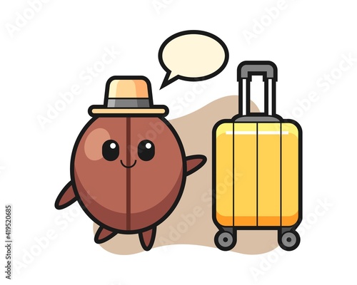 Coffee bean cartoon with luggage on vacation