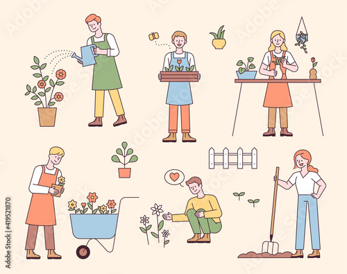 People who do gardening. People are planting or watering flowers. flat design style minimal vector illustration.