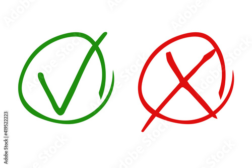 Vector illustration of hand drawn elements. Set of 2 circle checkboxes. Round shapes with tick and cross mark inside isolated on white background. Green "Yes" and red "No" symbols.