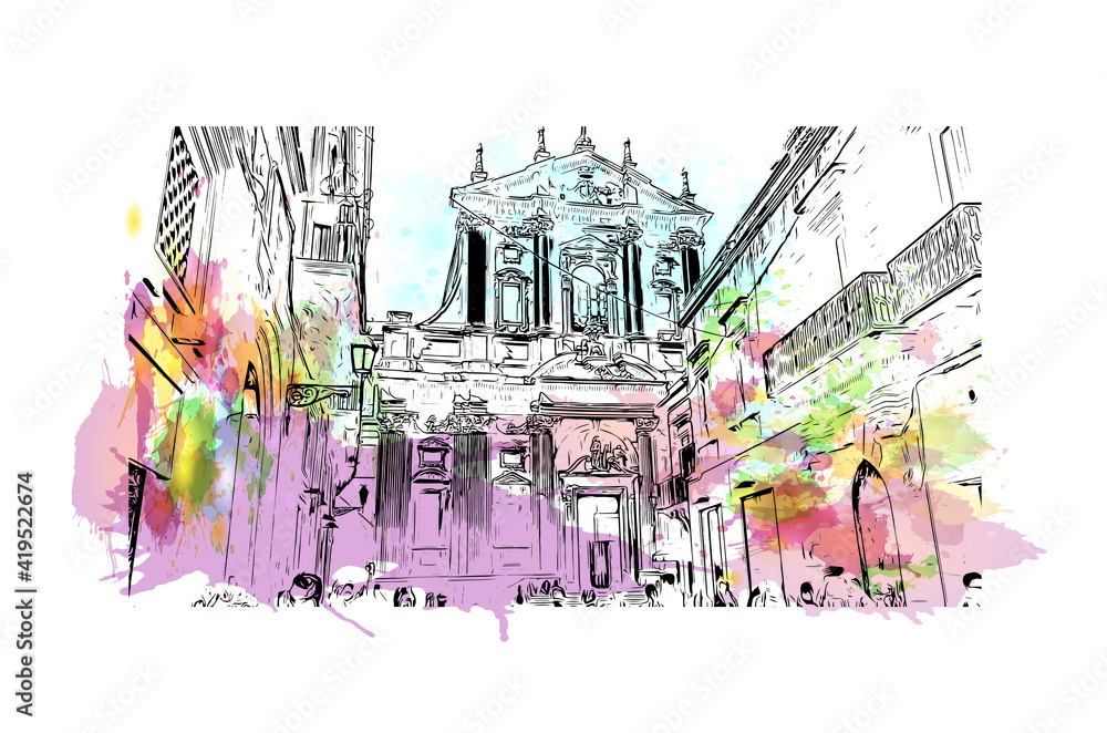 Building view with landmark of Lecce is a city in Italy. Watercolour splash with hand drawn sketch illustration in vector.