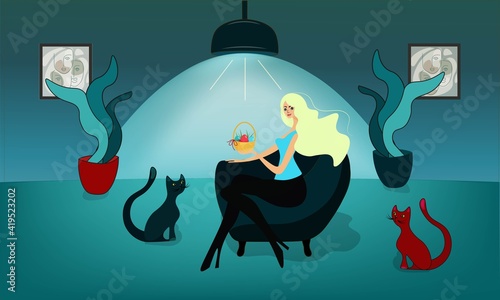Cozy green room with diffused light. A cute girl in an armchair is holding an Easter basket. Curious cats visit her. Conceptual vector composition.