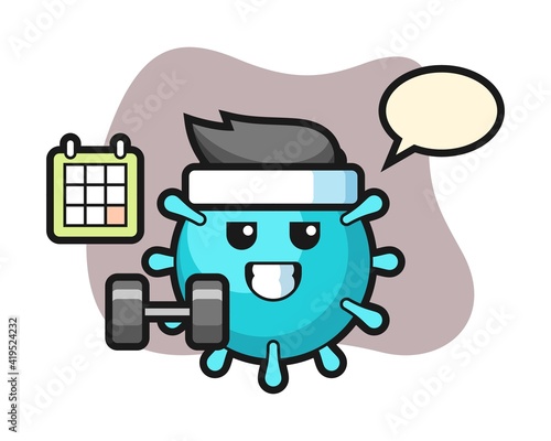 Virus cartoon doing fitness with dumbbell
