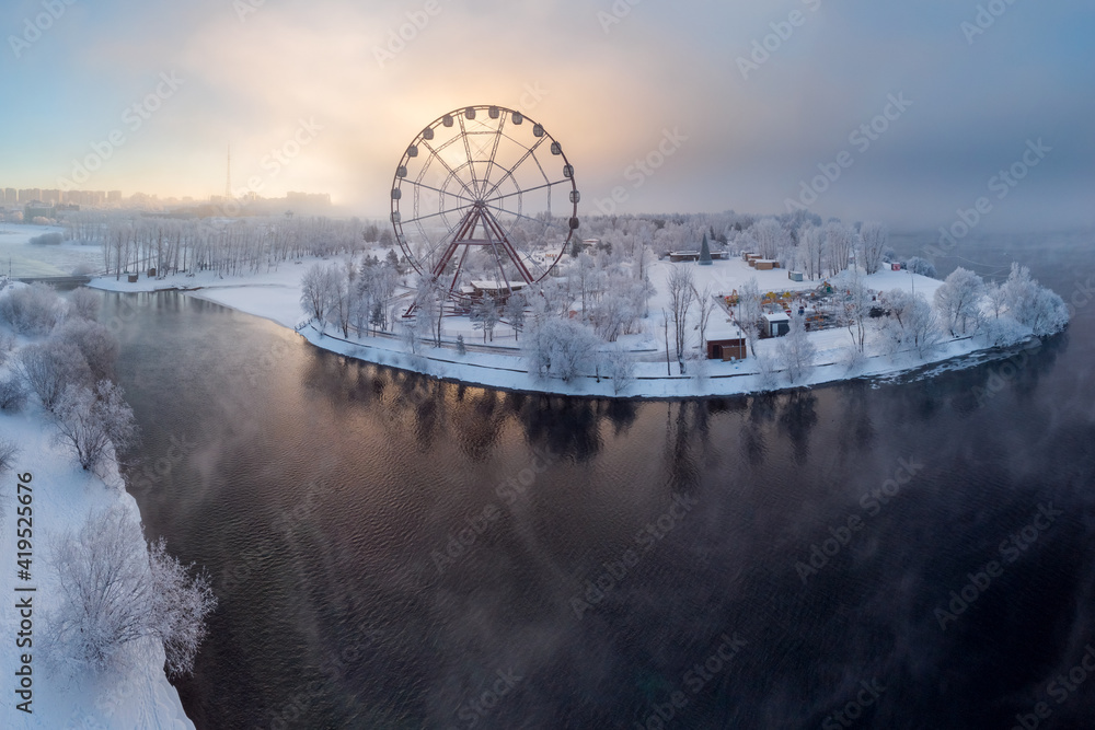 Ferris wheel on Horse Island in Irkutsk, aerial view