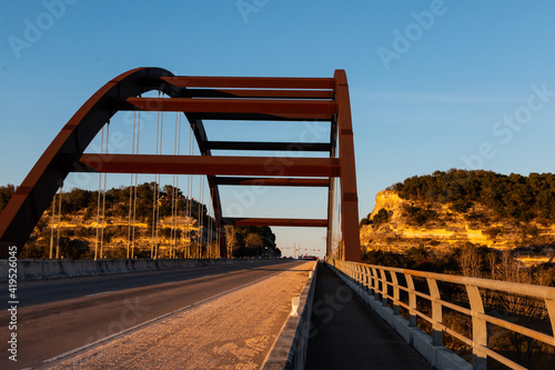 Looking Down Pedestrian Bridge on Pennybacker Bridge at Sunset in Austin, Texas 