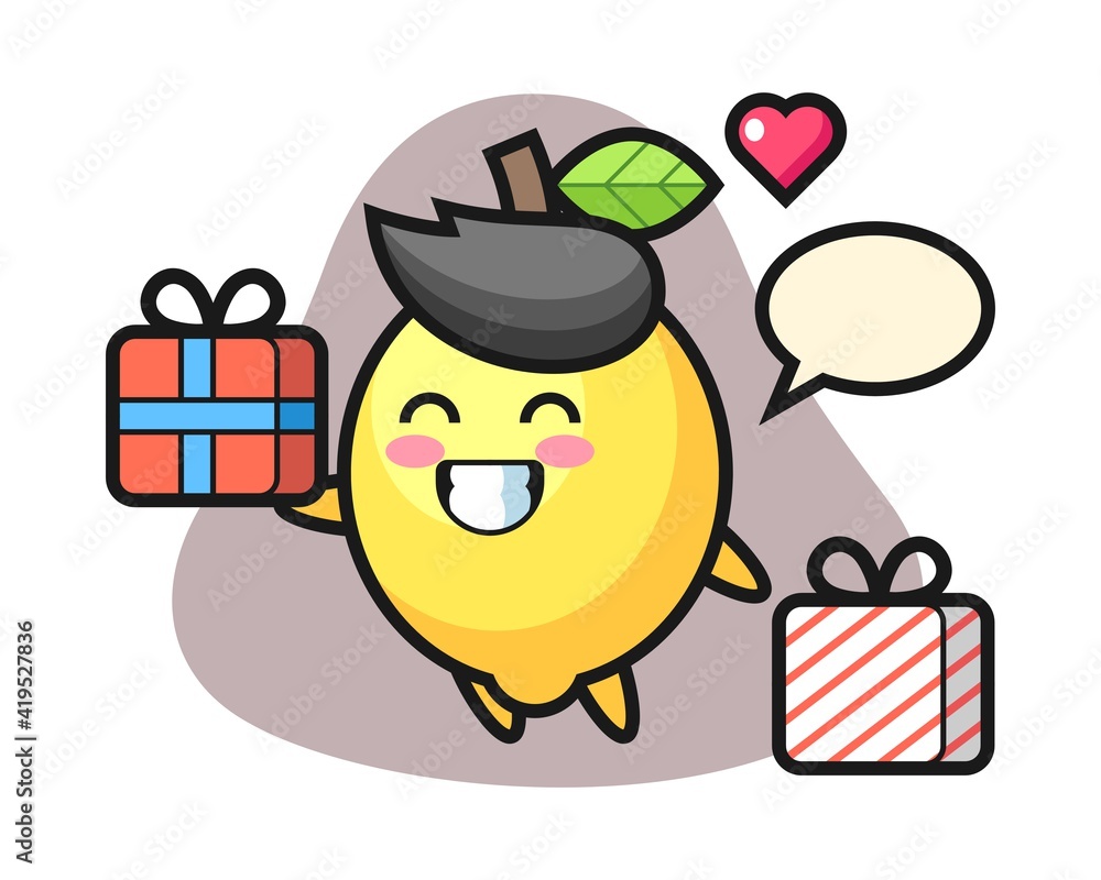 Naklejka premium Lemon mascot cartoon giving the gift
