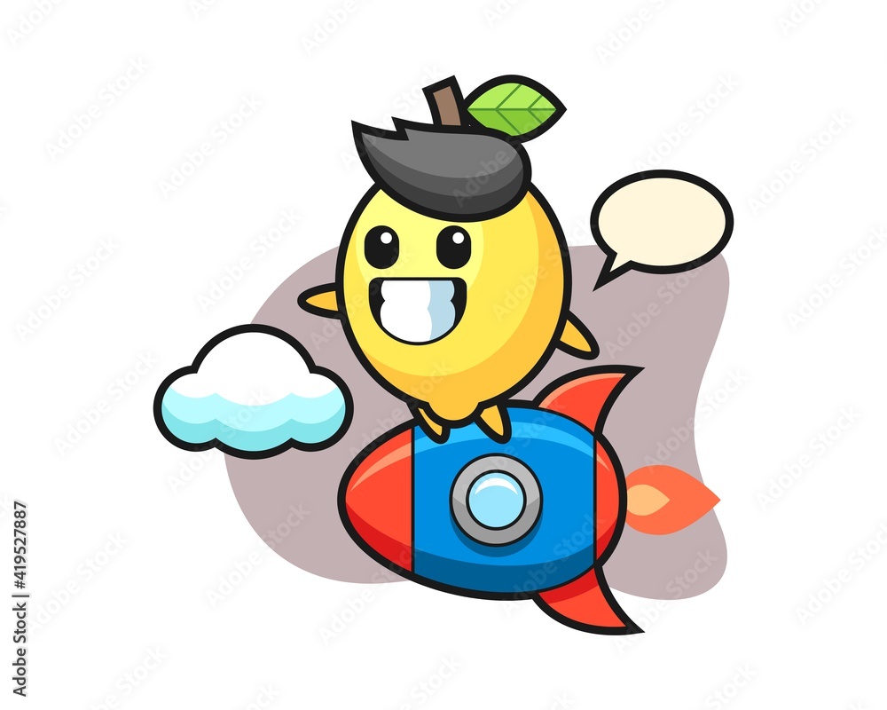 Lemon mascot character riding a rocket