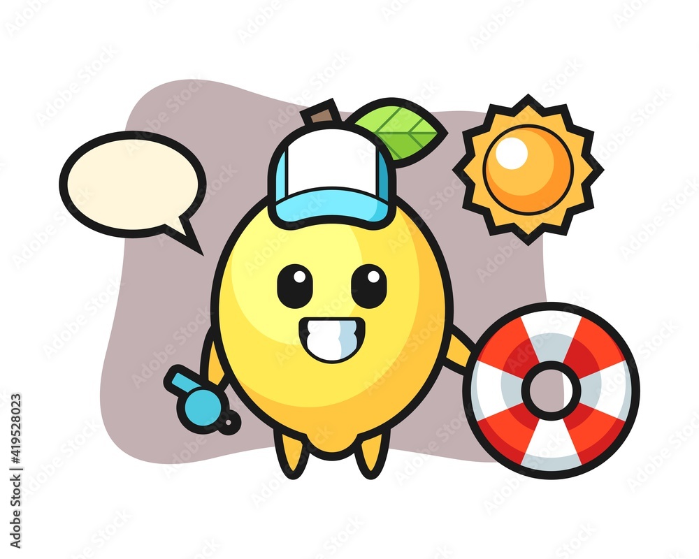 Obraz premium Cartoon mascot of lemon as a beach guard