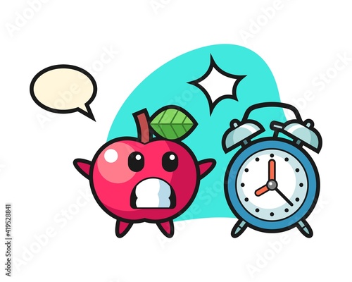 Cartoon illustration of apple is surprised with a giant alarm clock