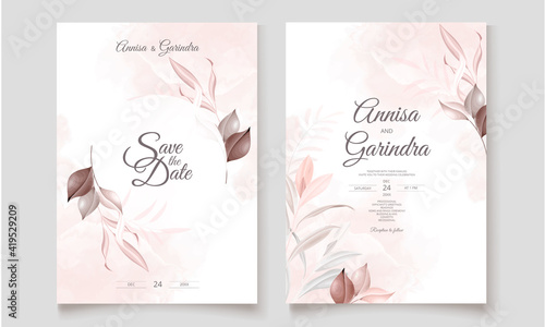  Elegant wedding invitation card with beautiful  leaves template Premium Vector