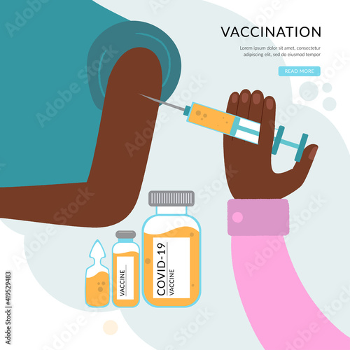 Vaccine against COVID-19 virus. Prevention injection, immunization. Coronavirus infection treatment. Doctor injects vaccine in a patient's shoulder. Close up view. Vaccination.