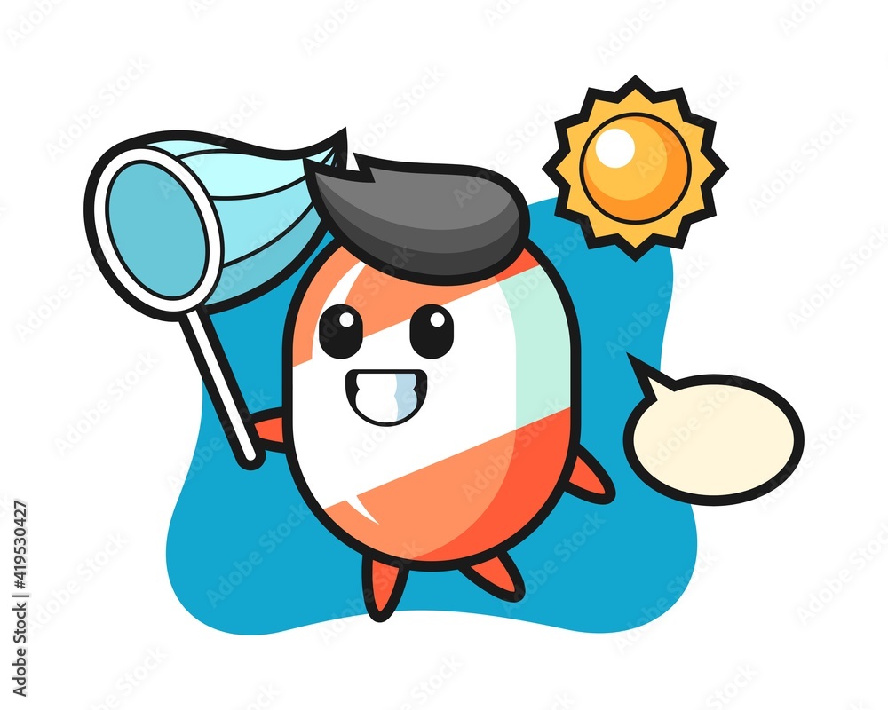 Candy mascot illustration is catching butterfly Candy mascot illustration is catching butterfly