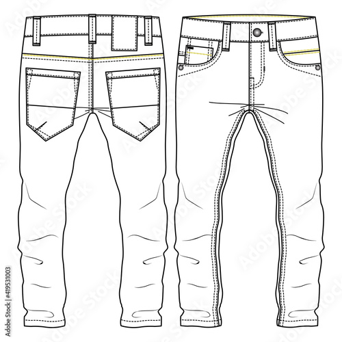 Men Boys Classic Pant fashion flat sketch template. Technical Fashion Illustration. Woven CAD. Neon Contrast Chainstitch Details