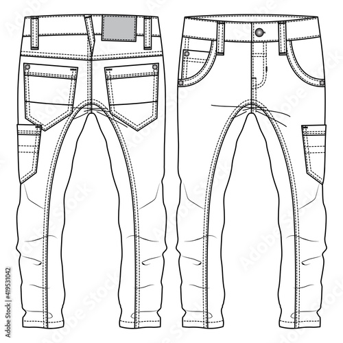 Men Boys Multiple Pockets Pant fashion flat sketch template. Technical Fashion Illustration. Denim CAD. Side Pocket