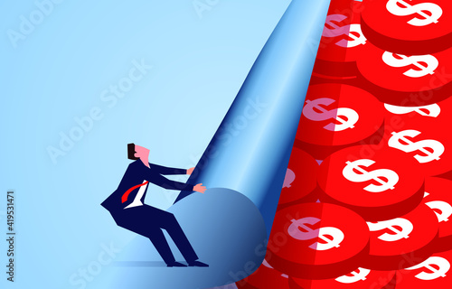 To discover wealth and treasures, business investment, the businessman pulls the unrolled paper and finds a large pile of gold coins