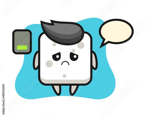 Sugar cube mascot character doing a tired gesture