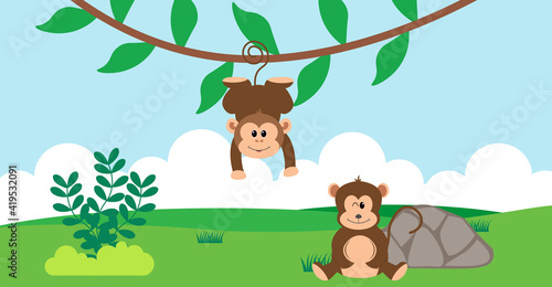 Monkey Vector Cute Animals in Cartoon Style  Wild Animal  Designs for Baby clothes. Hand Drawn Characters