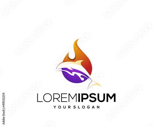 fire and fish icon logo design template