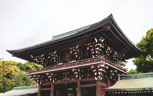 Traditional wooden building at Meiji Shrine in Yoyogi Park, Tokyo, Japan