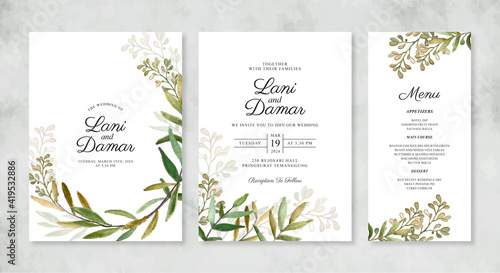 Beautiful wedding invitation template with hand painted watercolor foliage