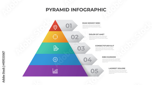 Pyramid infographic template with 5 list and icons, layout vector for presentation, report, brochure, flyer, etc.