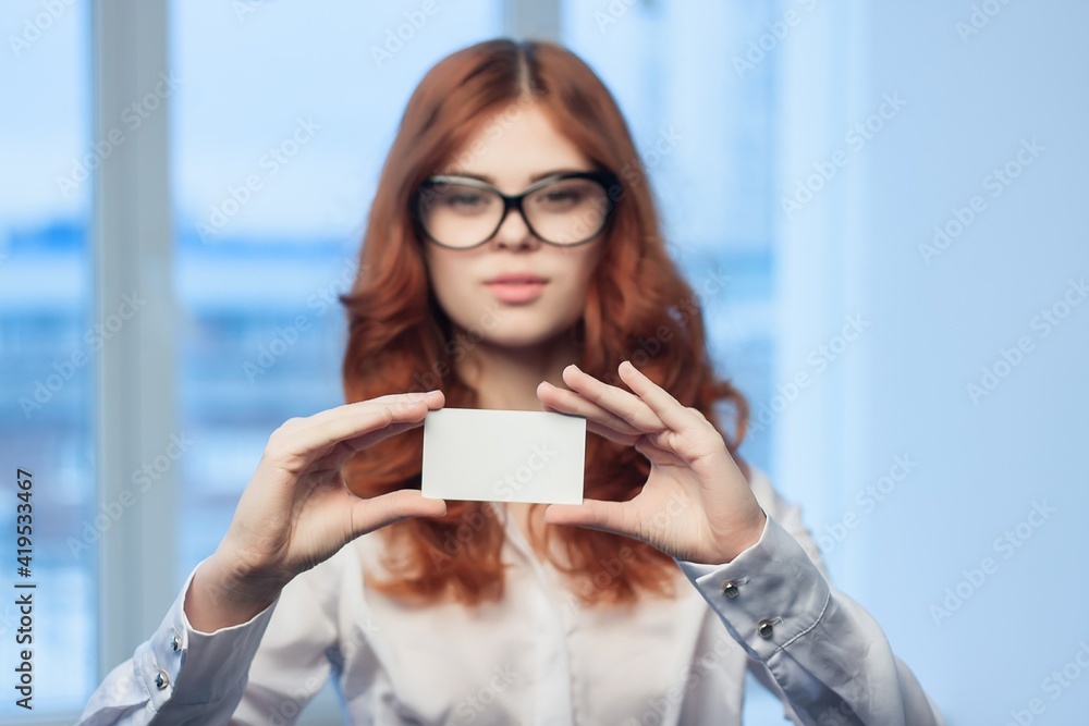 business woman holding a business card office executive financial copy space business woman holding a business card office executive financial copy space