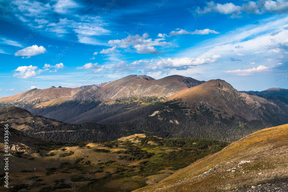 snow free mountain peaks in summer in the Rocky Mountain National Park in Colorado.