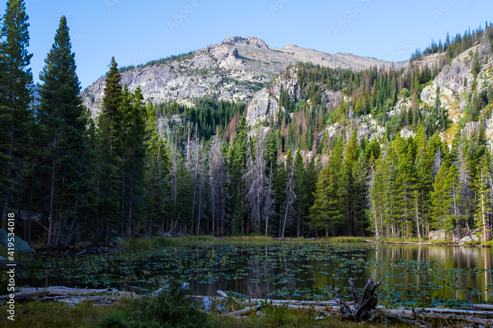 dramatic mountain peaks and bodies of water in Rocky Mountain national Park in Colorado. dramatic mountain peaks and bodies of water in Rocky Mountain national Park in Colorado.