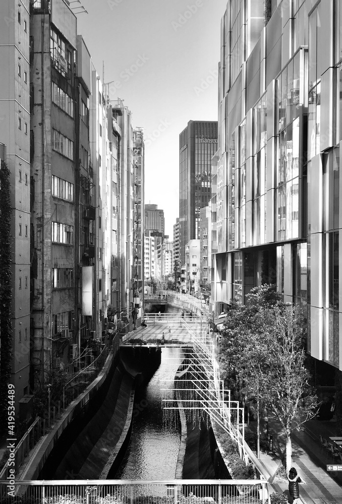 Fototapeta premium Futuristic Tokyo scene with reflections on water canal and skyscraper facade in Neo Shibuya