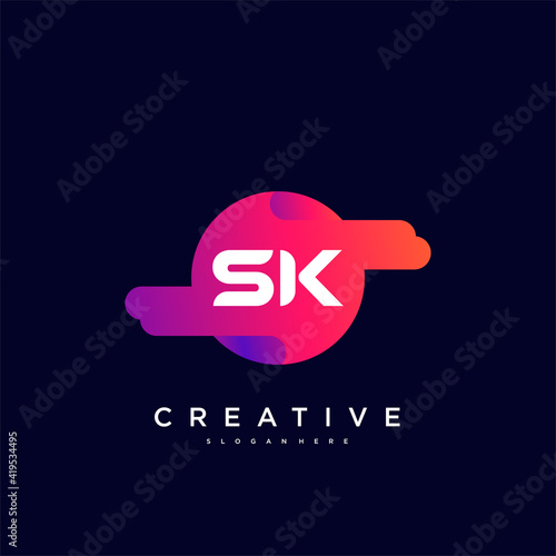 SK Initial Letter logo icon design template elements with wave colorful art.