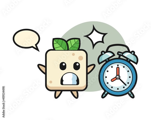 Cartoon illustration of tofu is surprised with a giant alarm clock