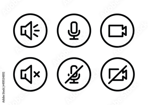 Speaker, Mic and Video Camera line icon set. Simple outline style for Video Conference, Webinar and Video chat. Microphone, audio, sound, mute, off concept. Vector illustration isolated. EPS 10.