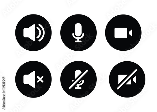 Speaker, Mic and Video Camera glyph icon set. Simple solid style for Video Conference, Webinar and Video chat. Microphone, audio, sound, mute, off concept. Vector illustration isolated. EPS 10.