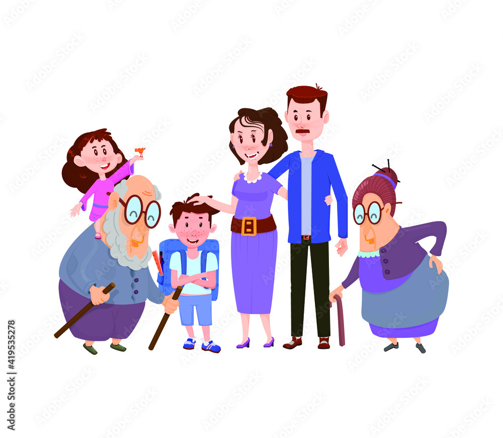 Happy married couple with children boy and girl and grandmother, grandfather - flat characters. Happy married couple with children boy and girl and grandmother, grandfather - flat characters.