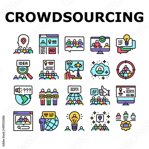 Crowdsourcing Business Collection Icons Set Vector. Internet Advertising And Social Media Promotion, Idea And Viral Marketing Crowdsourcing Concept Linear Pictograms. Contour Color Illustrations