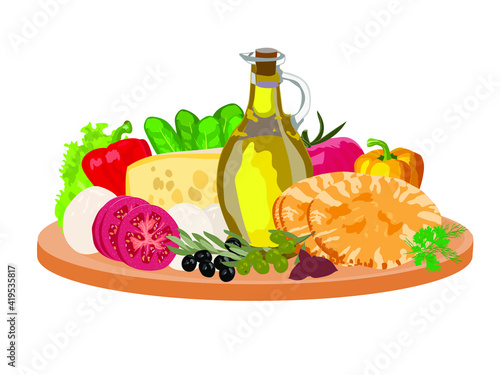 Still life of vegetables, olive oil, cheese, and pita bread. Vegetarian diet olives , tomatoes, lettuce, pepper, garlic, bell pepper, onion, . Painting Mediterranean kitchen design showcase.