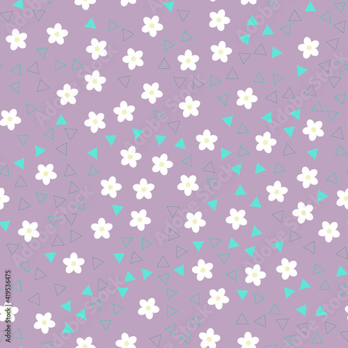 Seamless floral geometric pattern. White chamomile or daisy and triangles. Trendy green and purple. Seamless pattern for printing, textile and fabric, wrapping paper, packaging. Vector. 