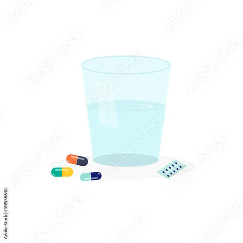 Glass cup of water and pills. Capsules separately and in packaging. The concept of pharmacy, medication, treatment, prophylaxis and healthcare. Vector