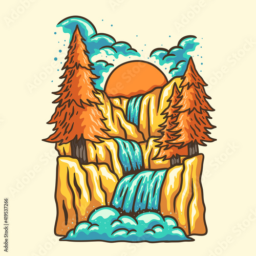 vector illustration of outdoor waterfall
