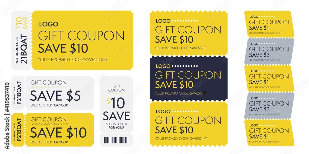 Special offer gift coupon template promo code to save money. voucher with 1, 3, 5, 10