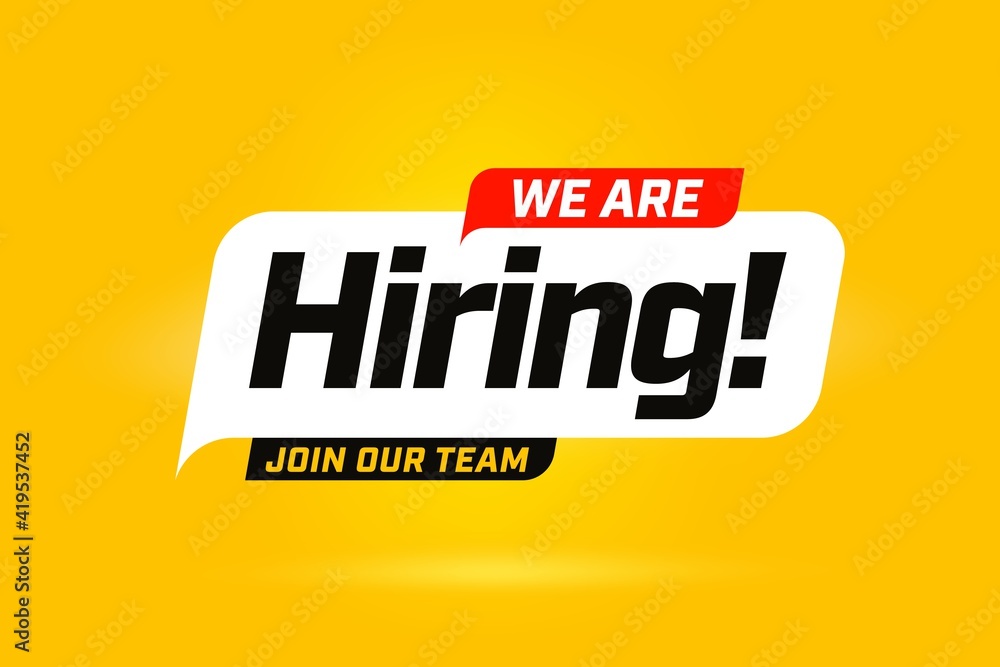 Hiring recruitment open vacancy design info label template. We are hiring join to team announcement lettering in speech bubble chat box vector illustration isolated on yellow background
