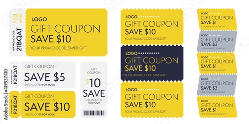 Special offer gift coupon template promo code to save money. Monetary voucher with 1, 3, 5, 10 dollar discount and barcode for shopping vector illustration isolated on white background