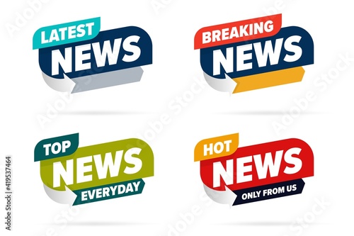 Broadcast news info label set template for television media. Latest, hot breaking news, everyday top only from us lettering badge for TV channel, video blog, entertaining show vector illustration