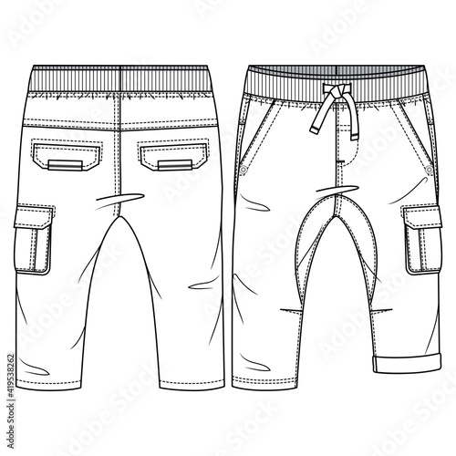 Infant Boys Pant fashion flat sketch template. Baby Technical Fashion Illustration. Woven CAD. Side Bellow Pocket. Rib Waistband