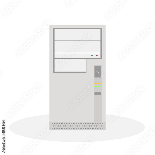 An outdated computer system unit in gray tones with operation indicators. Flat vector illustration