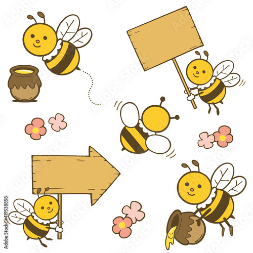 A set of illustrations of cute honeybee characters. Vector illustration on white background.